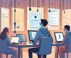 People sitting in front of computers with security measures around them